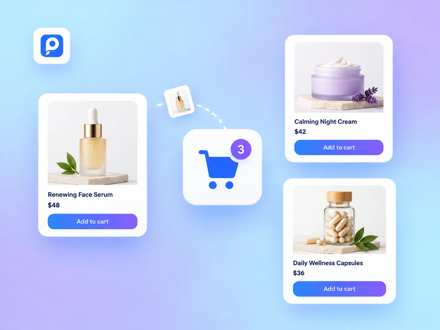 QuizyPilot Add to Cart Hero UI displaying routine bundle recommendations with variant dropdowns and Shopify cart drawer