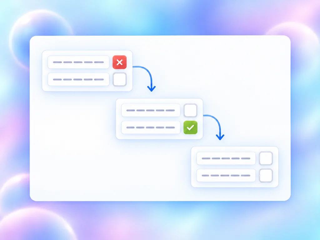 QuizyPilot Conditional Logic 4:3 Branching Workflow Diagram displaying 3-step question paths with pass/fail validation checkmarks
