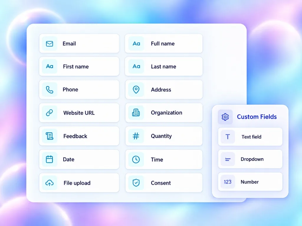 QuizyPilot Custom Form Fields Grid UI showing Email, Phone, Name, Address, Organization, Date, Time, File Upload, Consent, and Custom Fields box