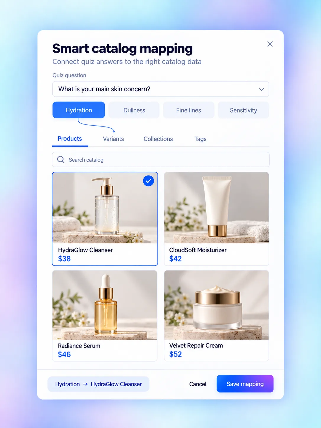 QuizyPilot Smart Catalog Mapping UI showing tabs for Products, Variants, Tags, Collections and quiz answer mapping