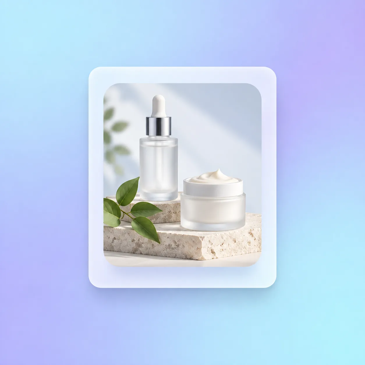 Skincare serum and moisturiser arranged in a personalised product card