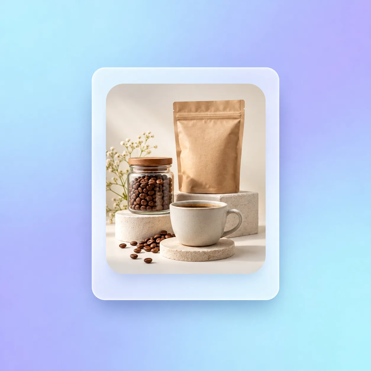 Coffee cup, beans and an unbranded coffee pouch in a personalised product card
