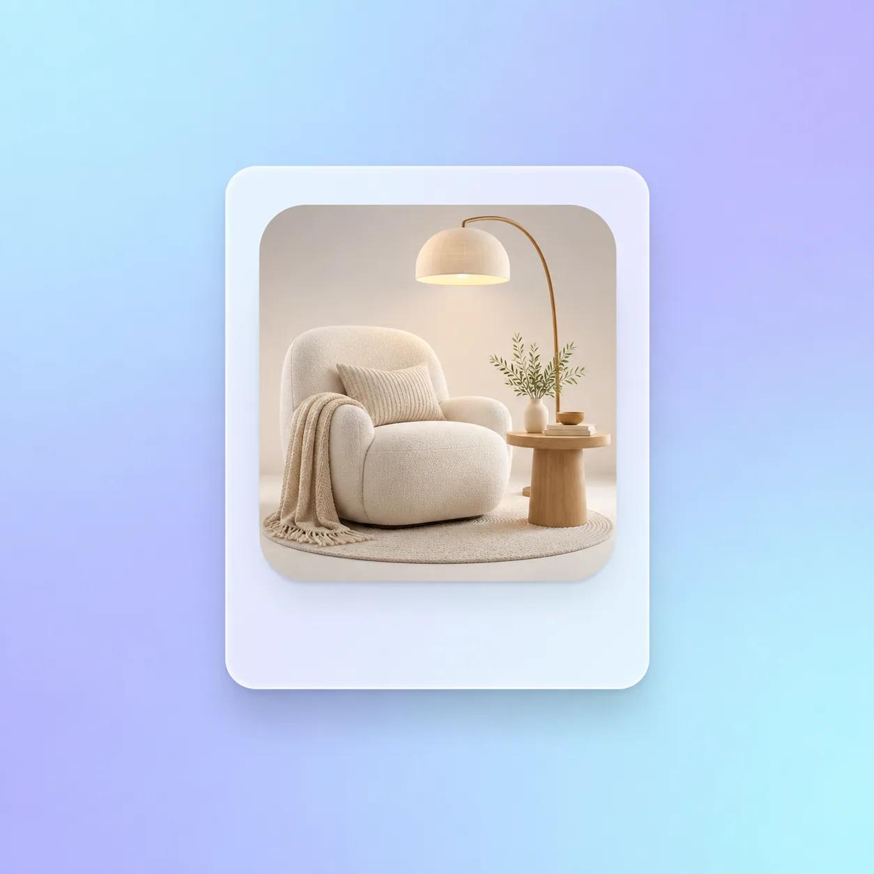 Cream lounge chair and home accessories in a personalised product card